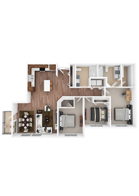 A floor plan of a house with a kitchen, living room, and bedrooms.